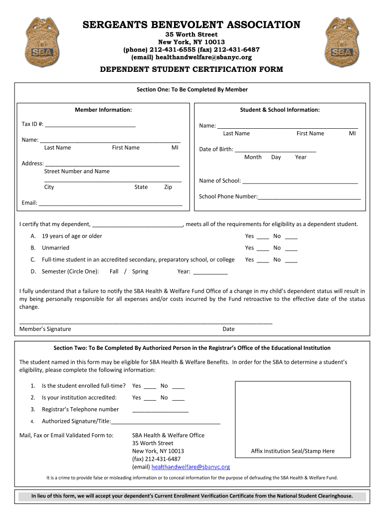 DEPENDENT STUDENT BCERTIFICATIONb BFORMb Sbanycnet