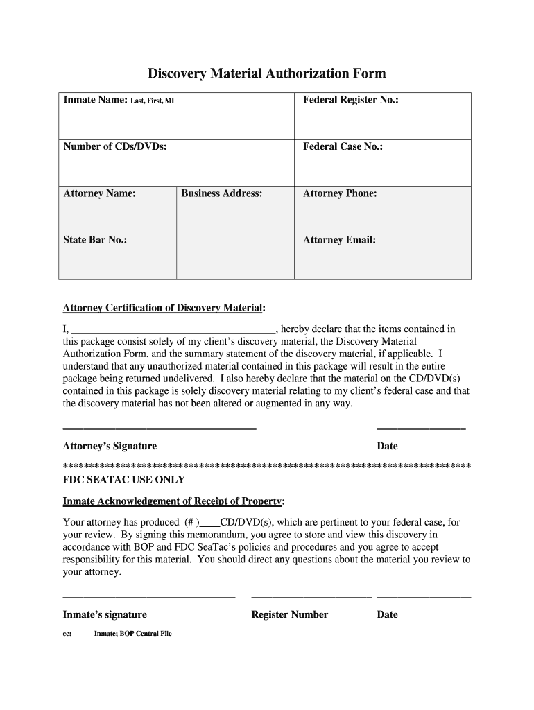 Discovery Material Authorization Form Fdorg Waw Fd
