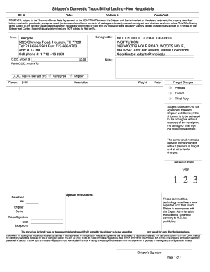 Shippers Domestic Truck Bill of Lading Non Negotiable Freightagents  Form