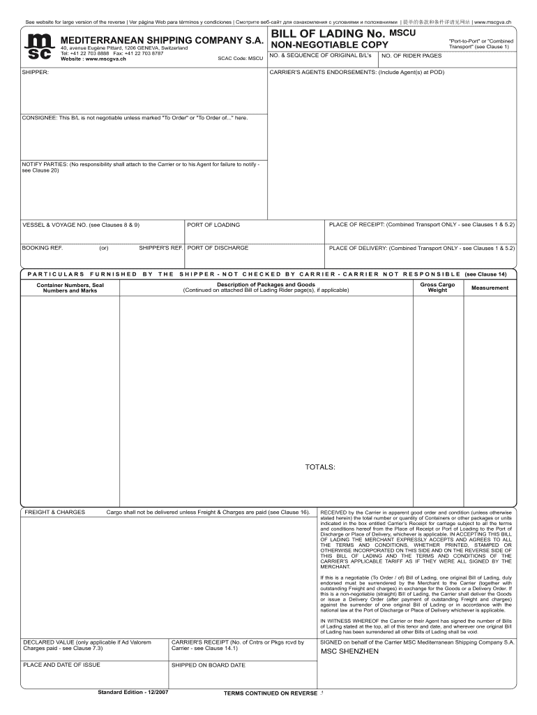  BILL of LADING No MEDITERRANEAN SHIPPING COMPANY SA NON 2007-2024