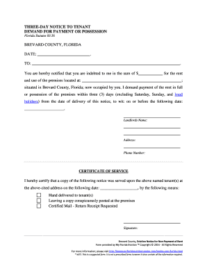 Brevard County Eviction Notice for Non Payment of Rent Statutory Eviction Notice for Use in Brevard County Florida  Form