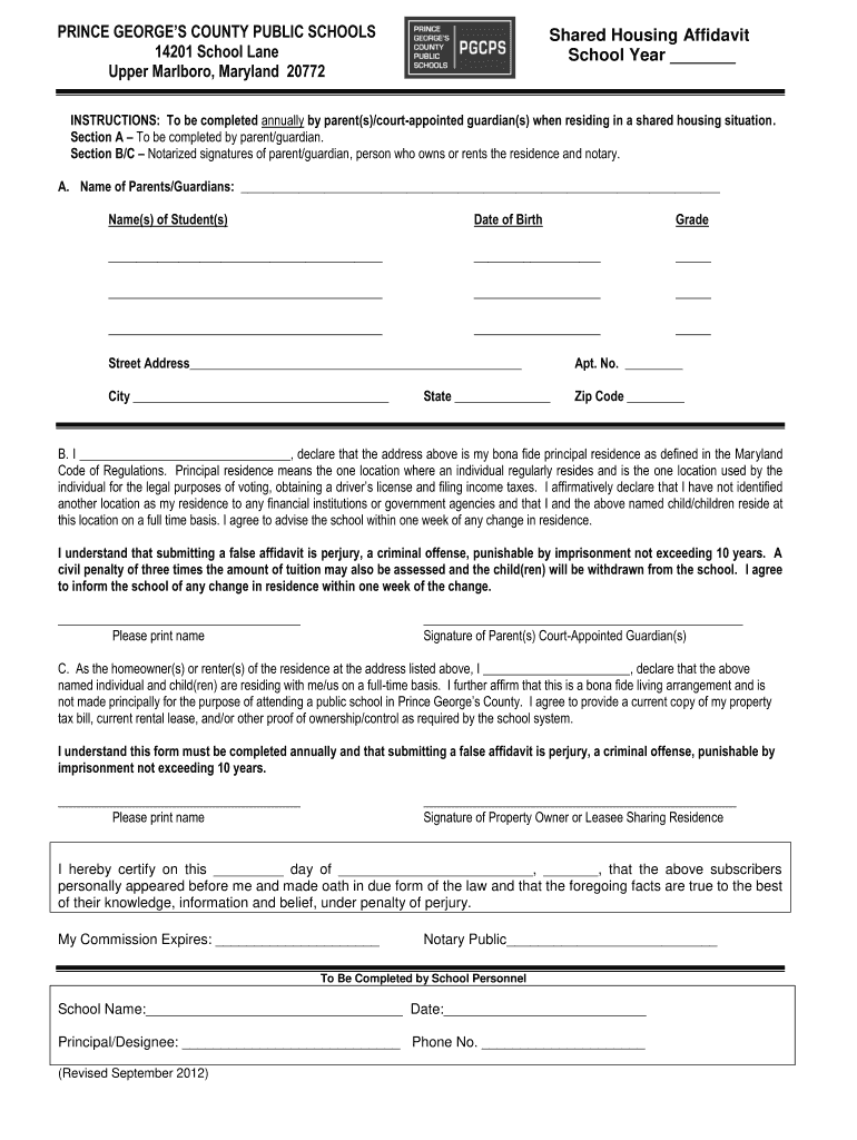 Pgcps Shared Housing Form