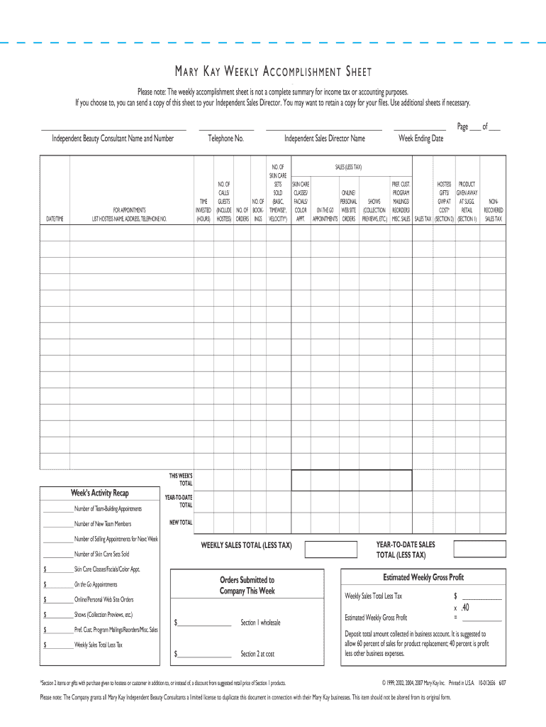 MARY KAY WEEKLY ACCOMPLISHMENT P SHEET  Form