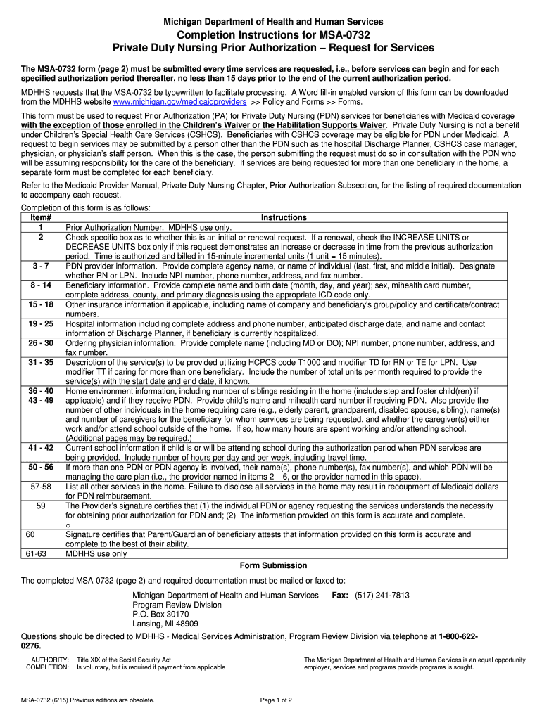  MSA 0732 Private Duty Nursing Prior Approval  Request  Michigan 2015-2024