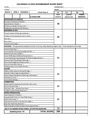 COLORADO 4H DOG SHOWMANSHIP SCORE SHEET DATE EXHIBITOR # JUDGE BREED NOVICE Circle One OPEN ADVANCED CHECK ONE JR Elpasoco Colos  Form