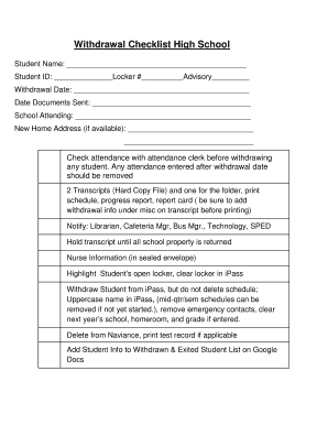 Withdrawal Checklist  Form