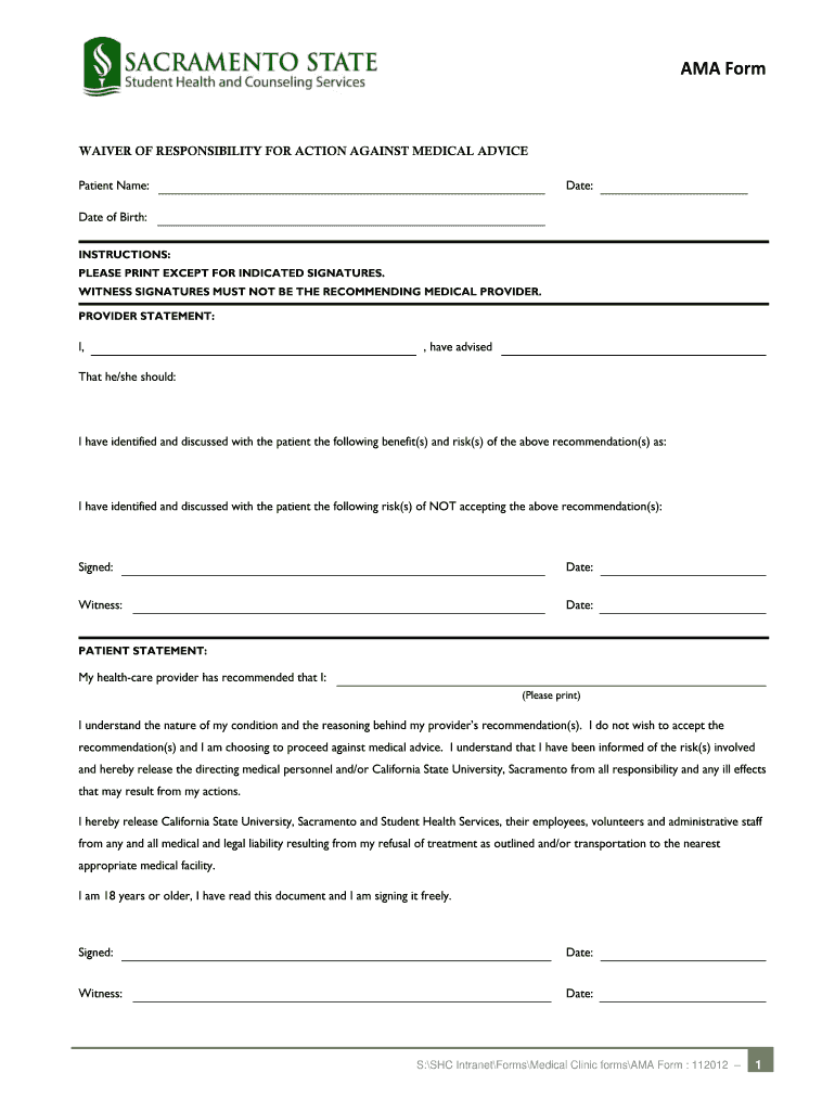 WAIVER of RESPONSIBILITY for ACTION AGAINST MEDICAL ADVICE Shcssacstate  Form