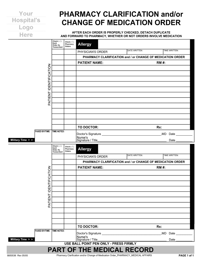 PHARMACY CLARIFICATION Andor CHANGE of MEDICATION ORDER  Form