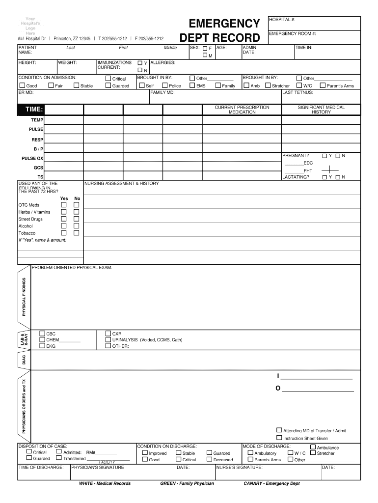 DEPT RECORD EMERGENCY ROOM Hospital Forms