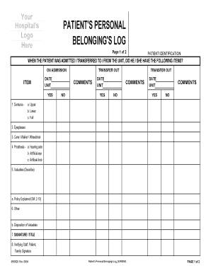 Patient Belongings Checklist  Form