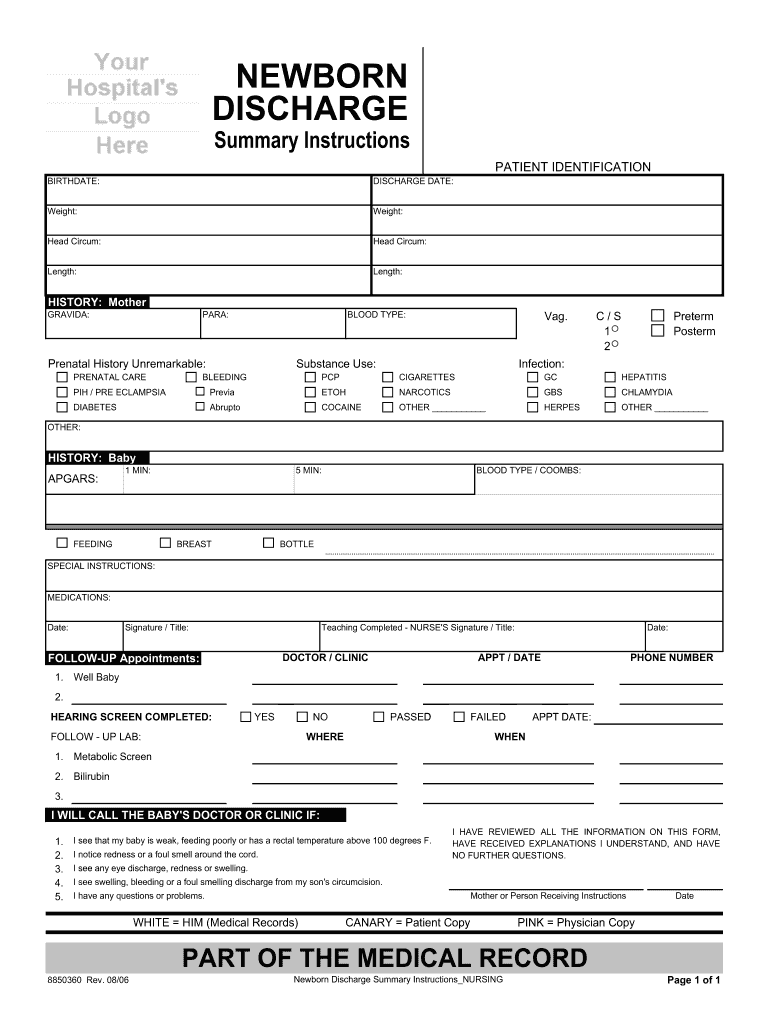 Newborn Discharge Summary Template  Form