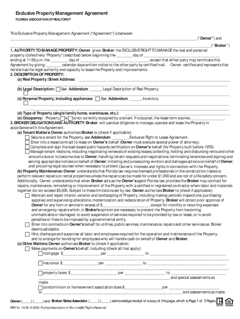 Exclusive Property Management Agreement  Form