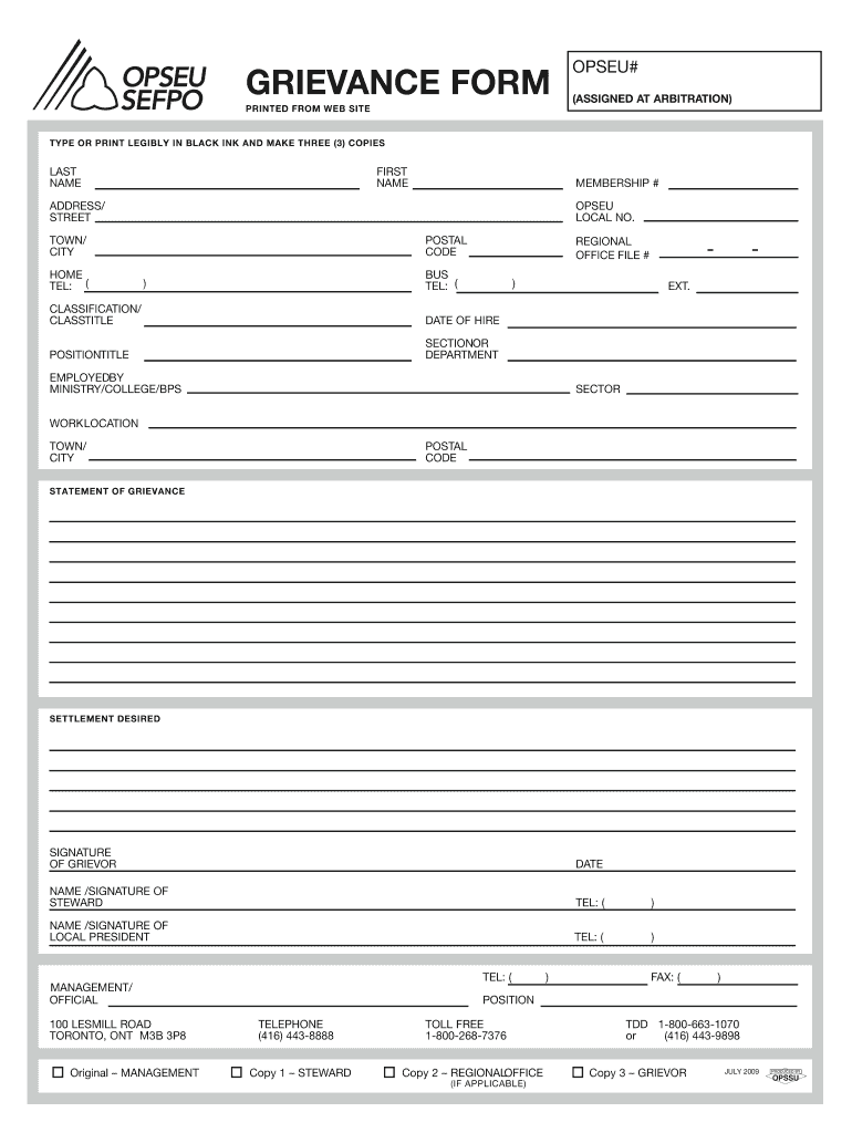  GRIEVANCE FORM OPSEU Newsite Opseu 2009