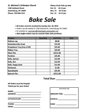 Bake Sale Order Form