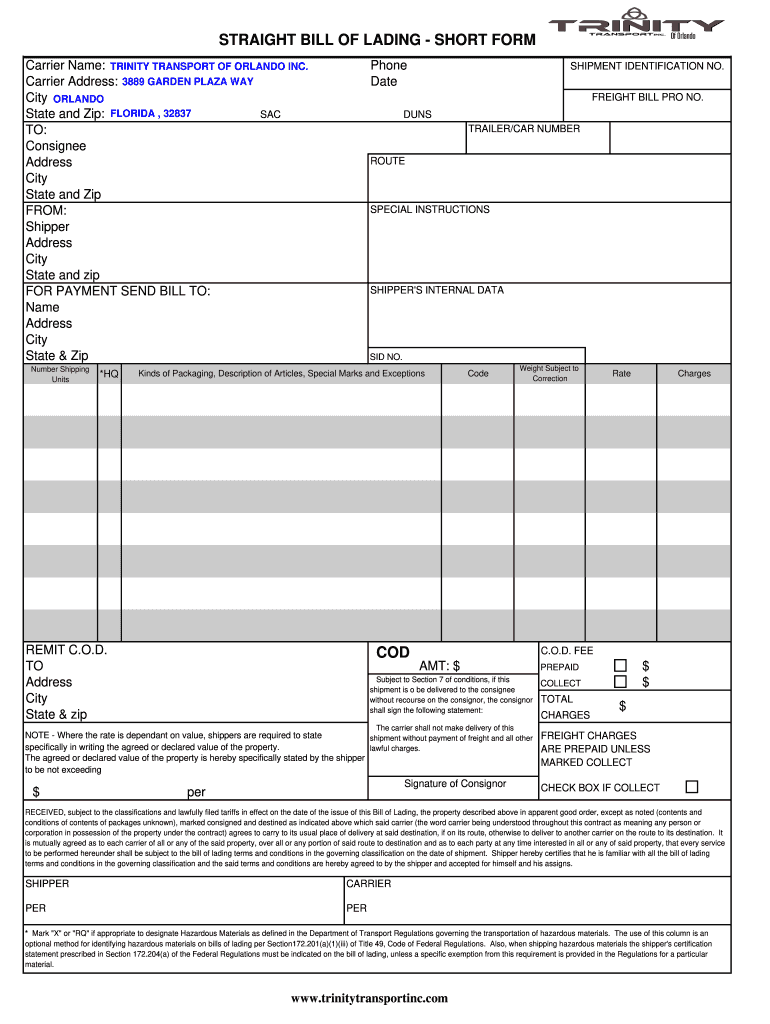 Bill of BLadingb HOME Trinity Transport Inc  Form