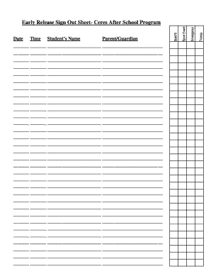 Early Release Sign Out Sheet Ceres After School Program  Form