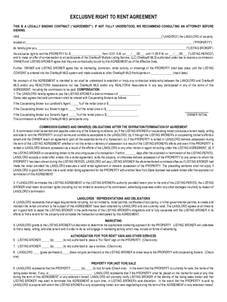 EXCLUSIVE RIGHT to RENT AGREEMENT  Form
