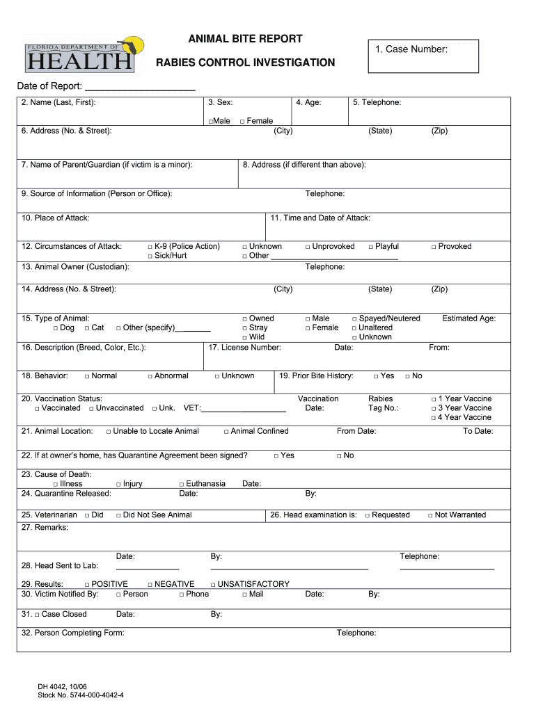 Printable Animal Bite Report Form