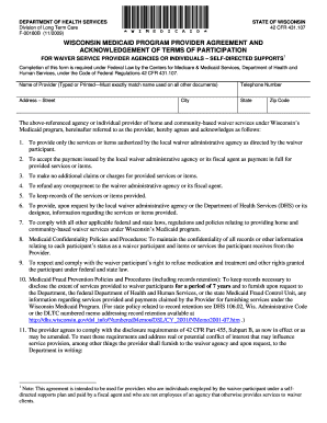 WI Medicaid Program Provider AgreementAcknowledgement of Term Sof Participation for Waiver Service Provider Agencies or Individu  Form