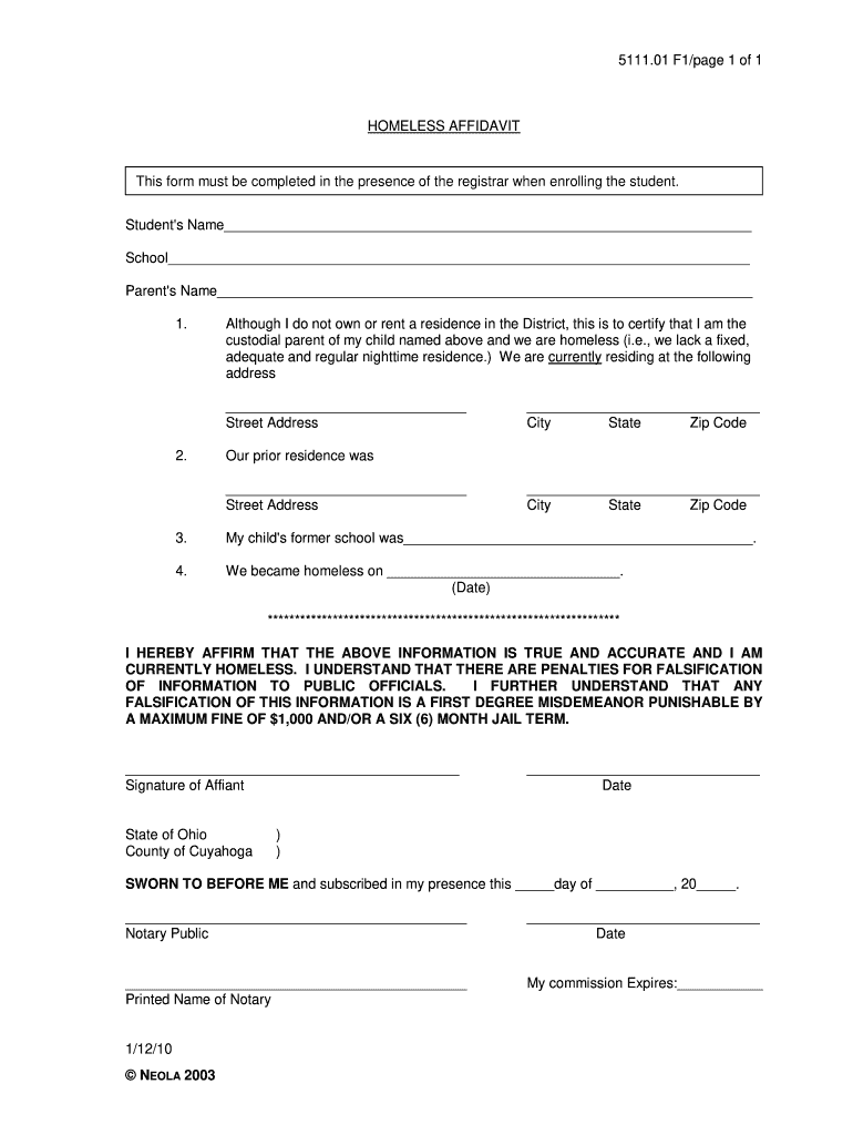 Homeless Affidavit  Form