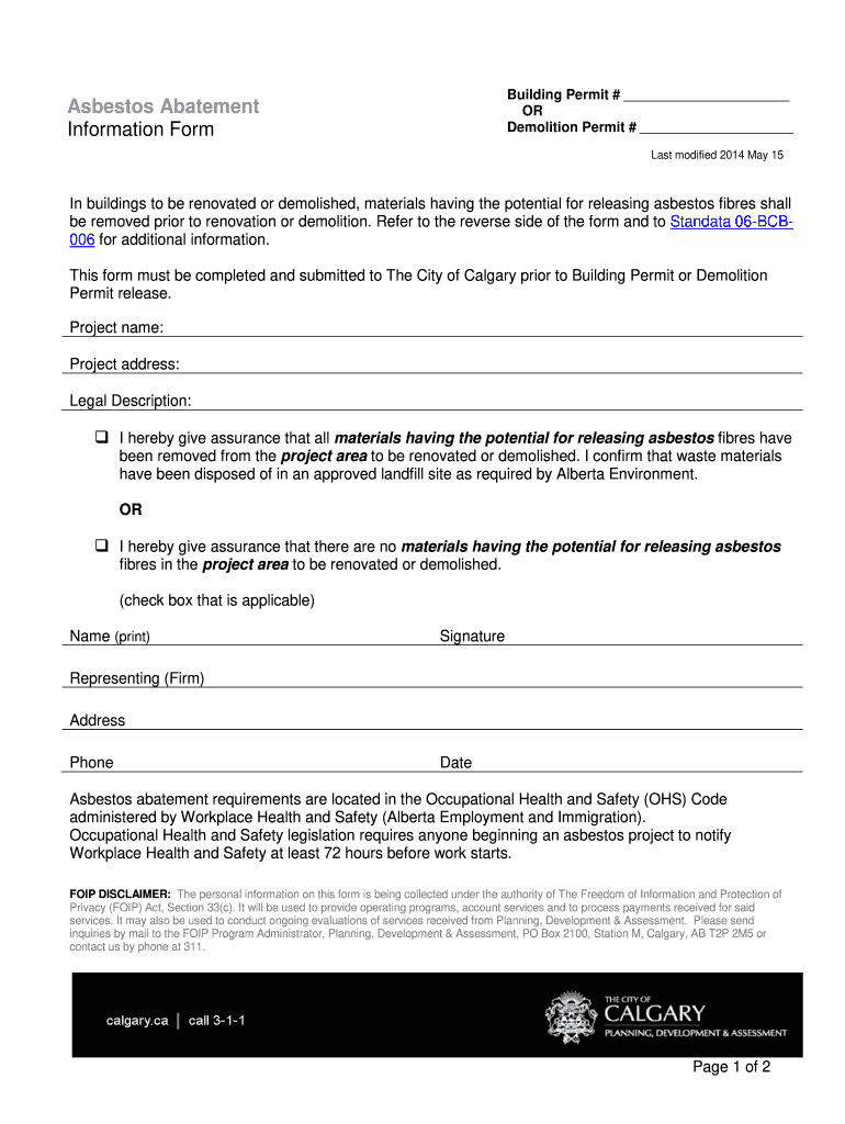  Asbestos Abatement Form the City of Calgary Calgary 2014