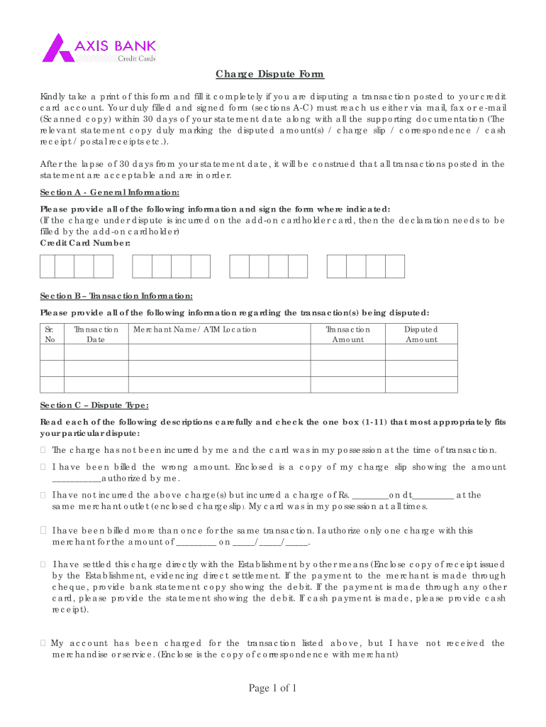 Axis Bank Dispute Form