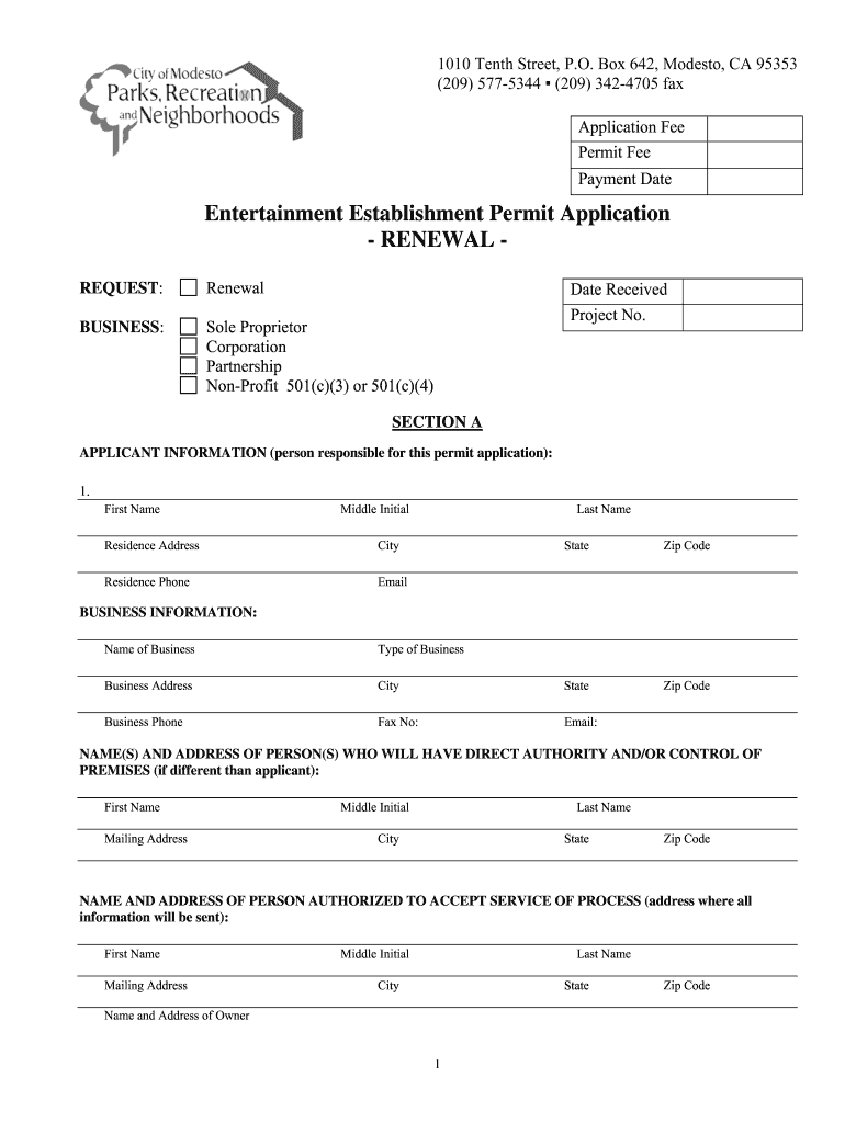 Entertainment Establishment Permit Application    City of Modesto  Form