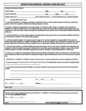 Jury Affidavit for Exemption Douglas County, Georgia  Form