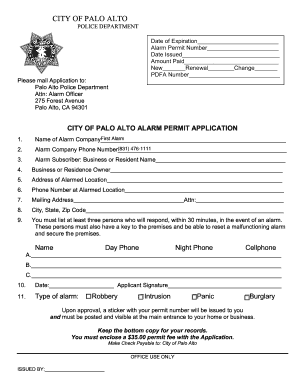 Palo Alto Alarm Permit  Form