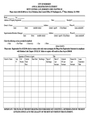 Rent Control Annual Registration Form Hoboken NJ Hobokennj