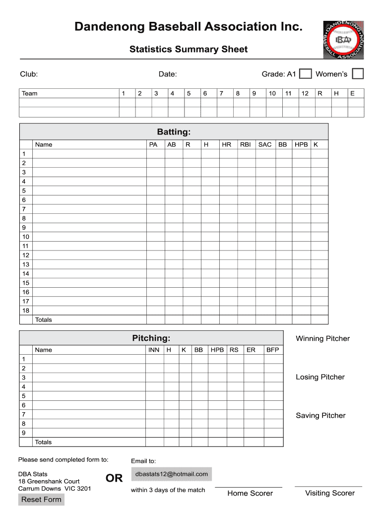 Baseball Stat Sheet  Form