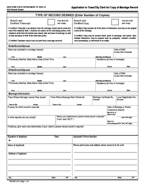 Form DOH 301 Appliction to TownCity Clerk for Copy of Marriage