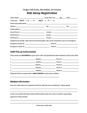 Kids Kamp Registration Form City of Fergus Falls, Minnesota