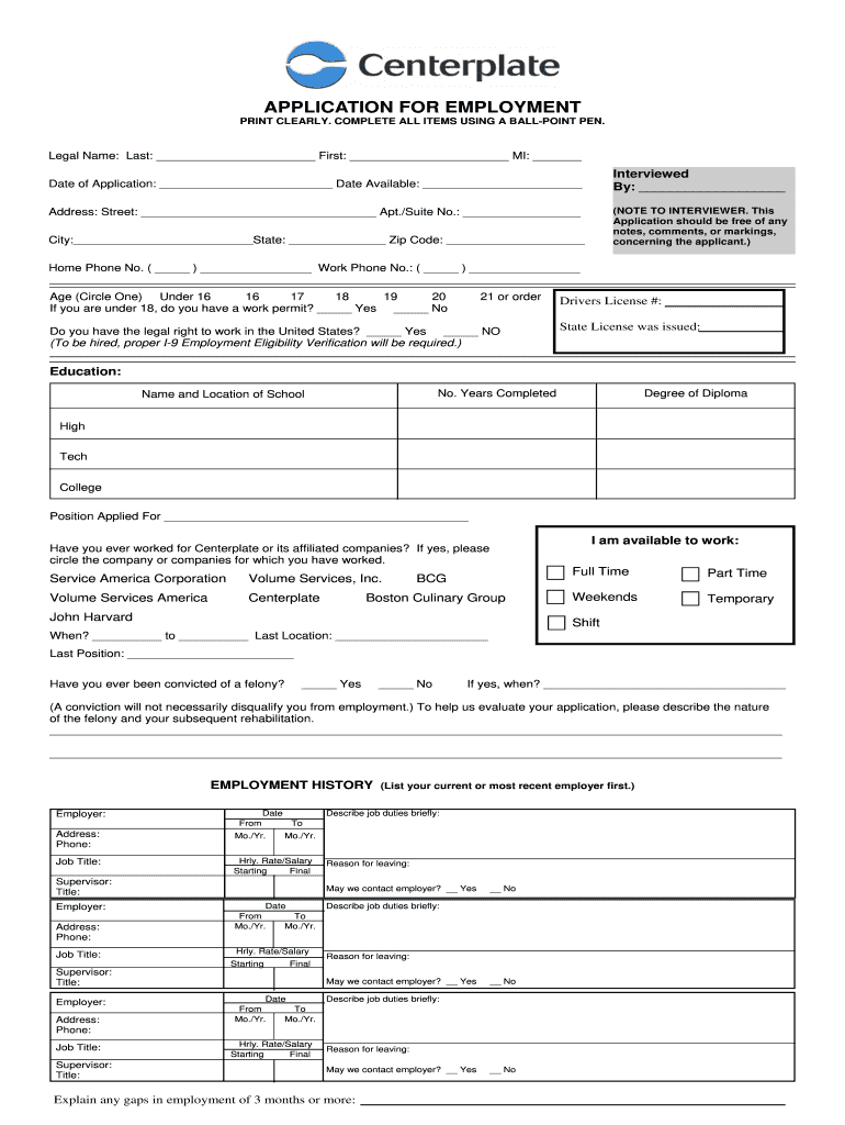 Get and Sign Centerplate Application  Form