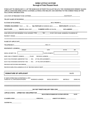 Application for Mercantile License Borough of Point Pleasant Beach Pointpleasantbeach  Form