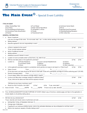 The Main Event Special Event Liability Arlington Roe, &amp; Co  Form