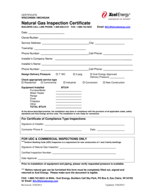 Natural Gas Inspection Certificate Xcel Energy  Form