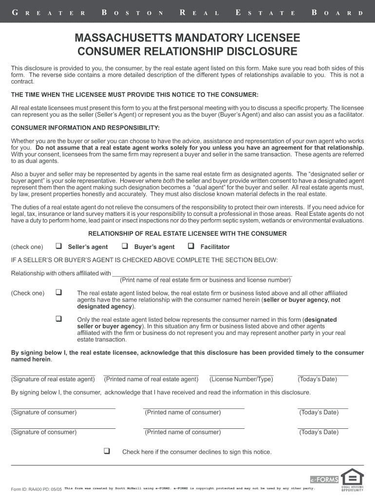 Mass Mandatory Licensee Consumer Relationship Disclosure Real Estate Form