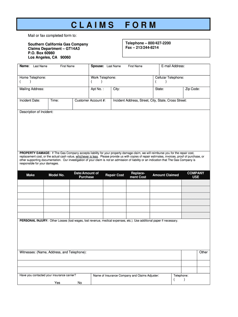 Get and Sign Socalgas Claims  Form