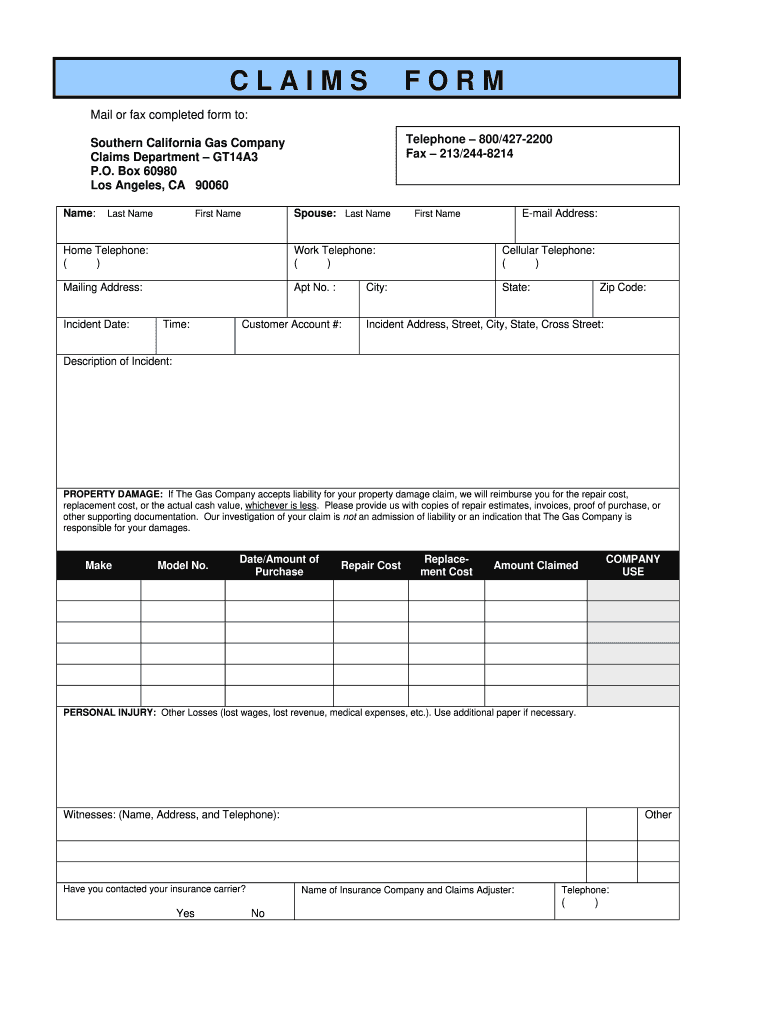 Socalgas Claims  Form