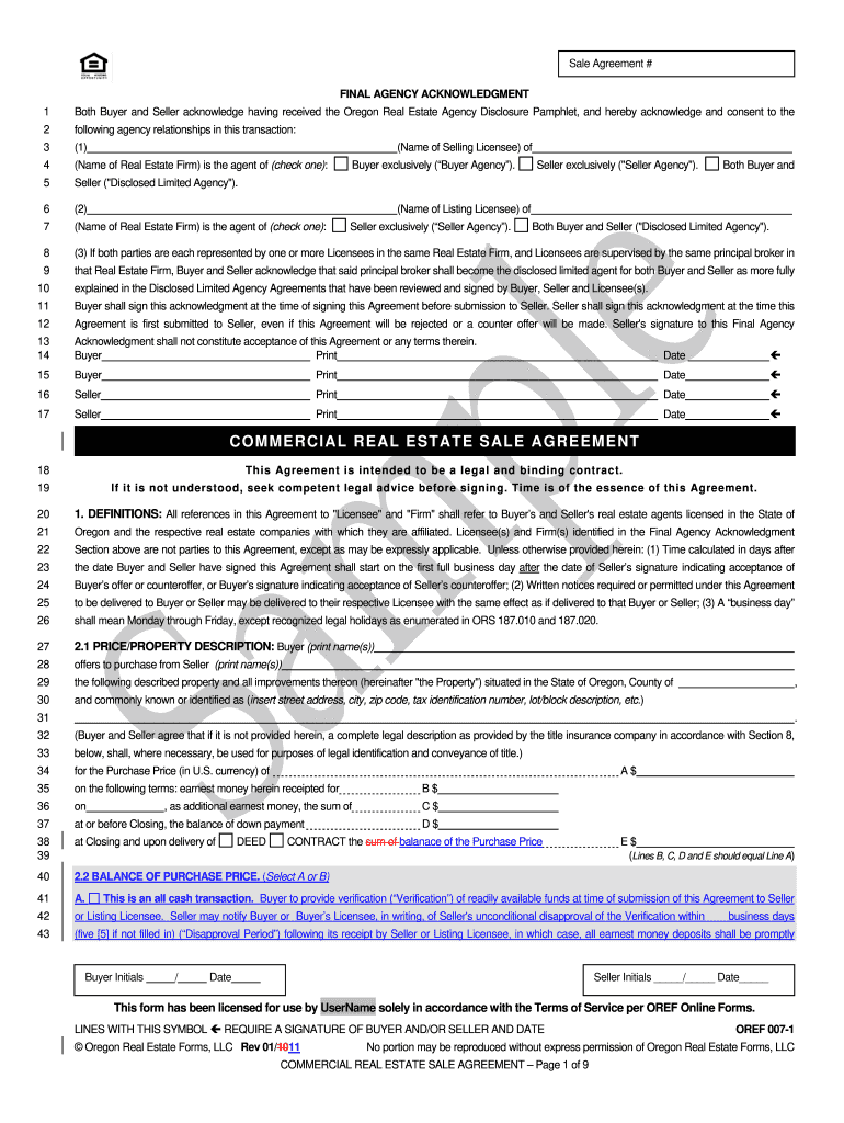 COMMERCIAL REAL ESTATE SALE AGREEMENT Oregon Real  Form