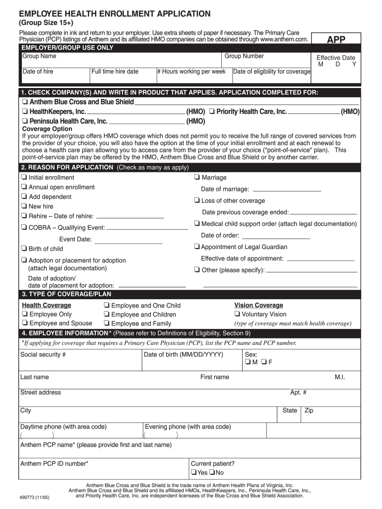  Enrollment Application Anthem Form 2005