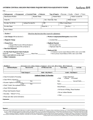 Anthem Central Region Provider Inquiry Refund Adjustment Form PDF