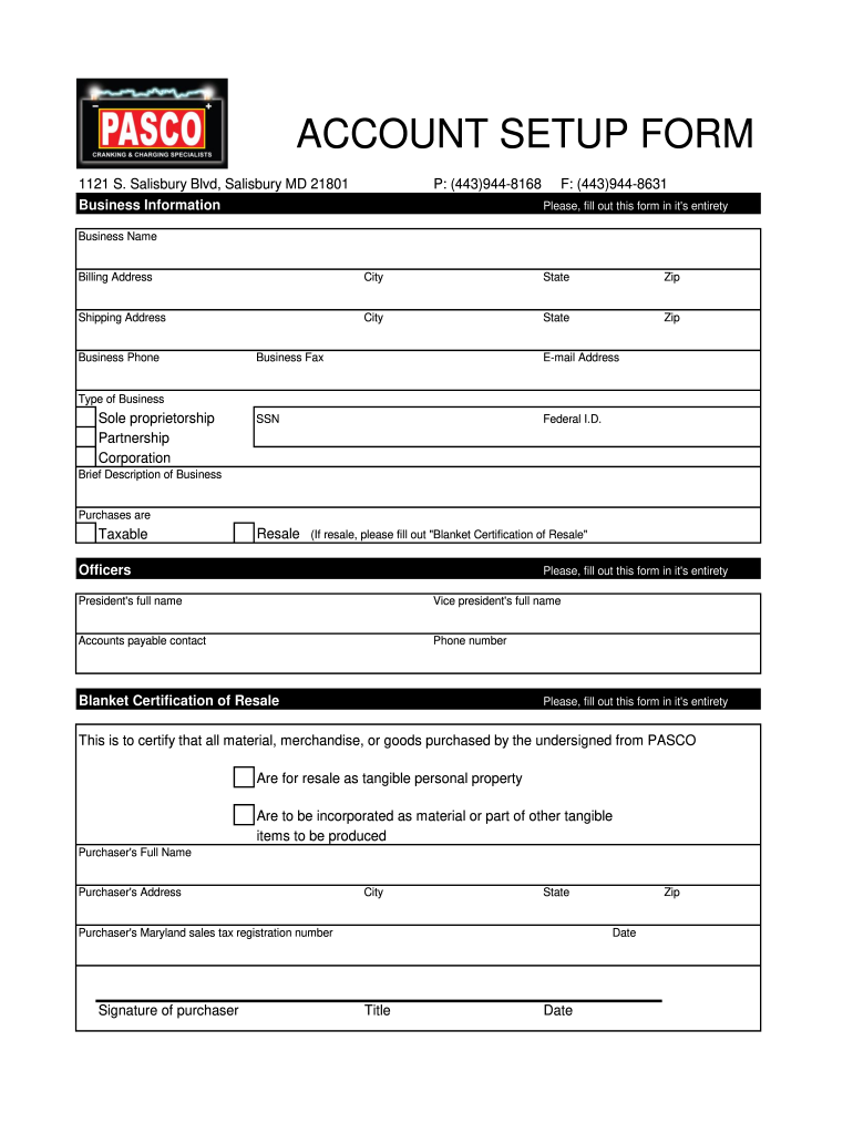 New Customer Set Up Form