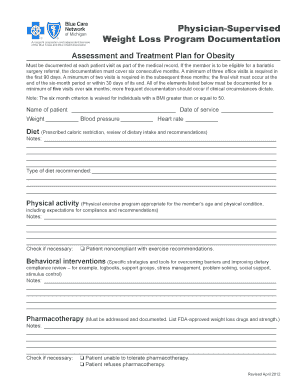 Medically Supervised Weight Loss Documentation  Form