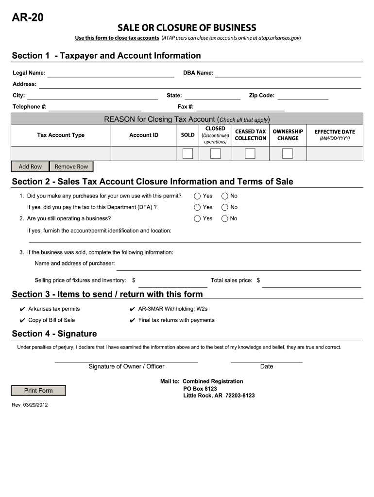  Arkansas Ar 20 Form 2012