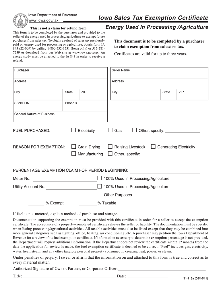  Govtax Iowa Sales Tax Exemption Certificate Energy Used in Processing Agriculture This is Not a Claim for Refund Form 2011