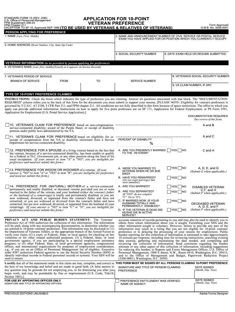  Sf15 Veteran  Form 1990