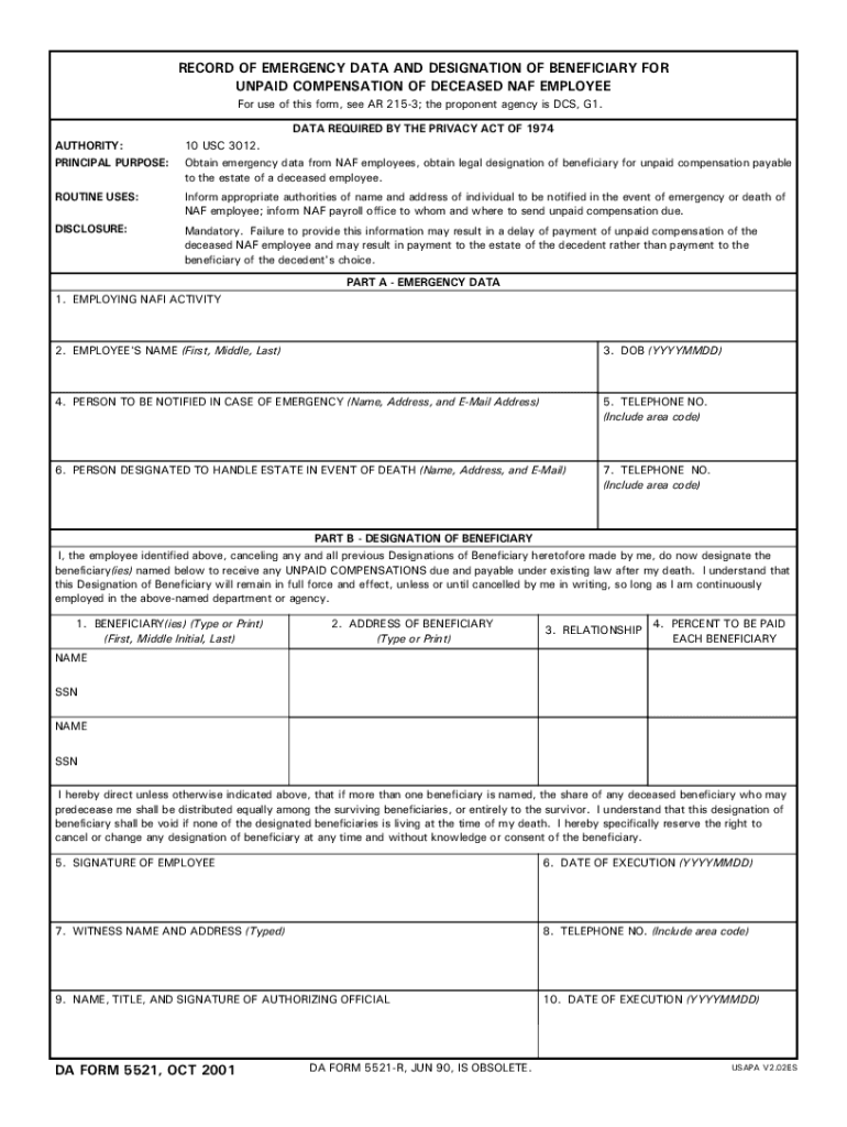  Da Form 5521 2001-2024