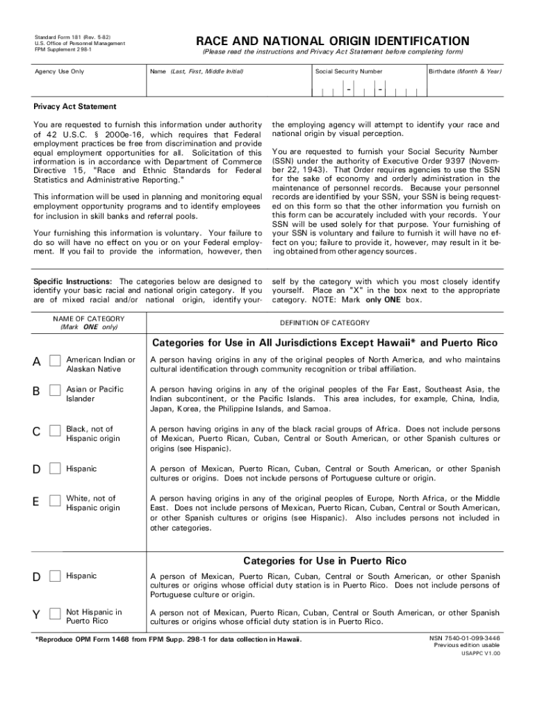  Standard Form 181 Opm 1982-2024